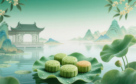 Moon cake on the lotus leaf with mountain background,3d renderingの素材