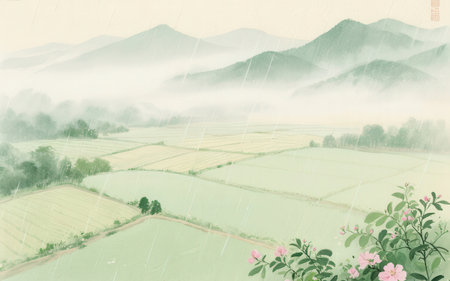 Foggy landscape with mountains and rice fields in the morning.の素材