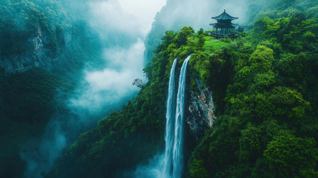 Waterfall and pagoda at Nantou,Taiwan.の素材