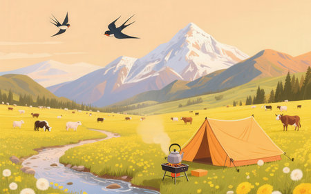 Illustration of a campfire, a tent and a flock of birdsの素材