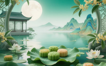 Moon and mooncake in the pond with mountain background,3d renderingの素材