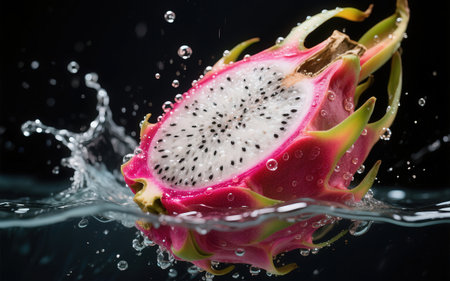 Dragon fruit with water splash on black background, Healthy food concept.の素材