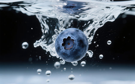 Blueberry splashing into water with bubbles on black background. Concept of healthy food.の素材