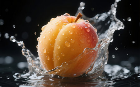 Fresh apricot with water splash, isolated on black background.の素材