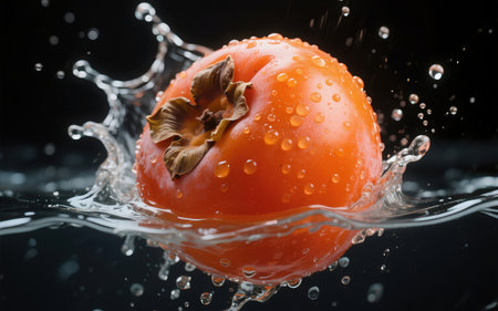 Fresh orange persimmon falling into water with splash on black backgroundの素材