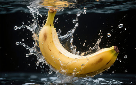 Banana splashing in water, isolated on black background. Fresh fruitの素材