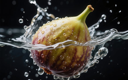 Figs falling into water with splash, isolated on black background.の素材