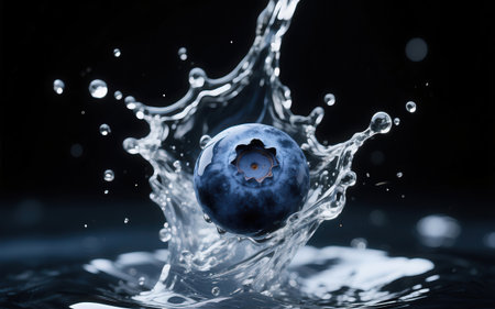 Blueberry falling into water with splash on black background, close-upの素材
