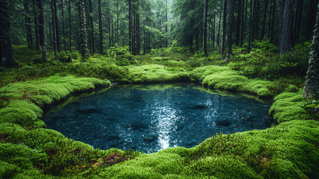 Mossy forest with small pond in the middle of the forestの素材