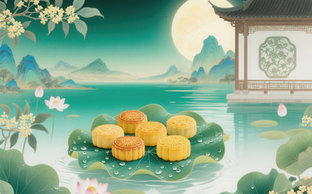 Mooncake and Lotus flower in the pond with japanese house backgroundの素材