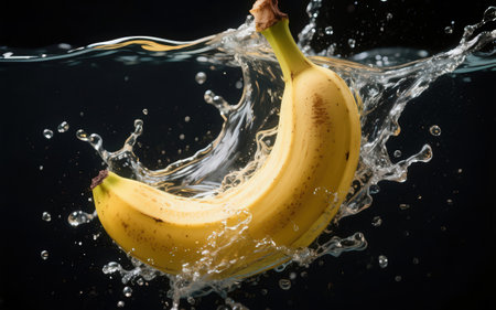 Bunch of bananas falling into water with splash on black background.の素材