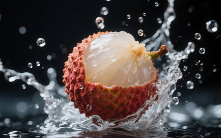 Fresh lychee in water splash, close up, isolated on black backgroundの素材