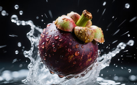 Mangosteen with water splash on black background, tropical fruitの素材