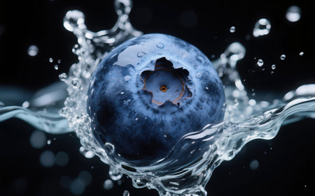 Blueberry in water with splash on black background. 3d illustrationの素材