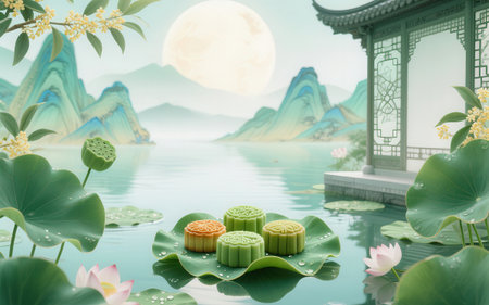 Mooncake and Lotus flower in the pond,3d rendering.の素材