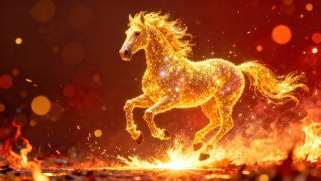 Running horse in fire with sparks and bokeh background. 3d renderingの素材