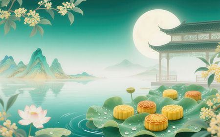 Mid-Autumn Festival of the Moon, Mooncake and Lotus Flowerの素材