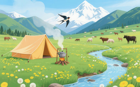 Illustration of a campfire, a tent and a bird on the background of mountainsの素材