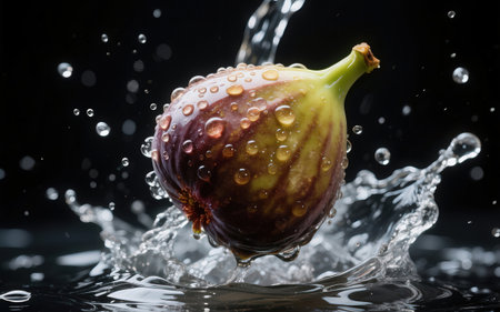 Fresh figs falling into water with splash, isolated on black backgroundの素材