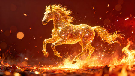 Horse running in fire with sparks on a dark red background.の素材