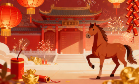 Chinese New Year background with horse, lanterns and fireworks. illustrationの素材