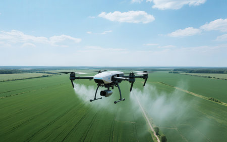 Drone flying over the green field. Flying drone with camera.の素材