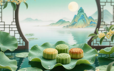 Moon cakes on lotus leaf with mountain background, 3d renderingの素材