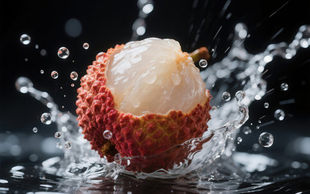 Fresh lychee fruit falling into water with splash on black backgroundの素材
