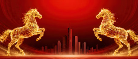 Running horses on a red background with skyscrapers. Vector illustrationの素材