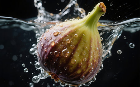 Figs falling into water with a splash on a black background.の素材