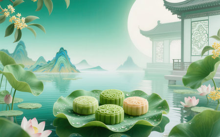 Mooncake in the pond with lotus flower and chinese pavilionの素材