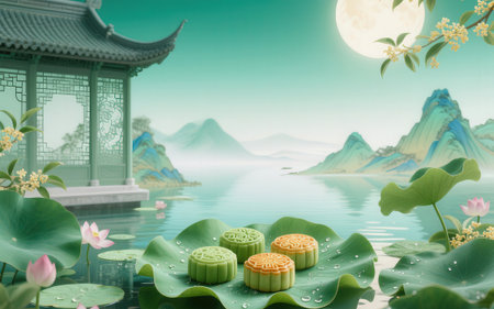 Moon and Lotus with Chinese pavilion on the lake, 3d renderingの素材