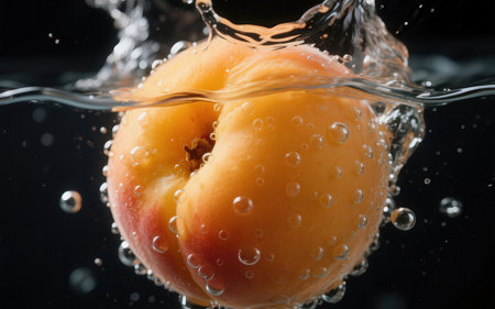 Fresh apricot falling into water on black background, closeupの素材