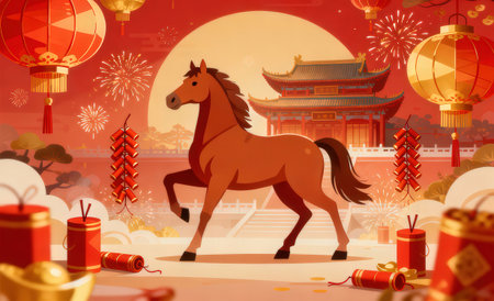 Chinese New Year background with a horse and red lanterns. Vector illustration.の素材