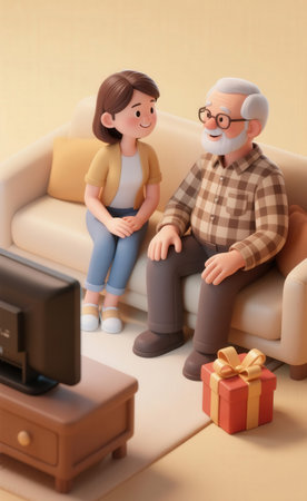 Grandfather and granddaughter sitting on sofa in living room with gift boxの素材