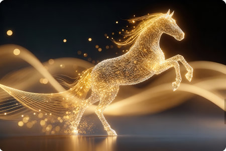 golden horse on a black background with golden particles, 3d renderingの素材