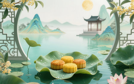 Mooncake and Lotus flower in the pond.3d rendering.の素材