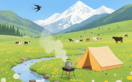Camping on the meadow in the mountains. Vector illustration.の素材