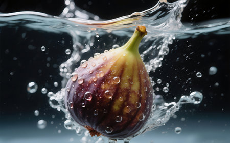 Fresh figs falling into water with splash, isolated on black backgroundの素材