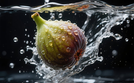 Fresh figs falling into water with splash, isolated on black backgroundの素材