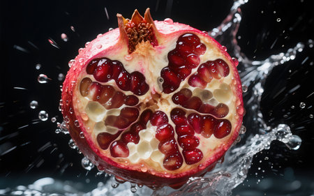 Pomegranate with water splashes on a black background.の素材