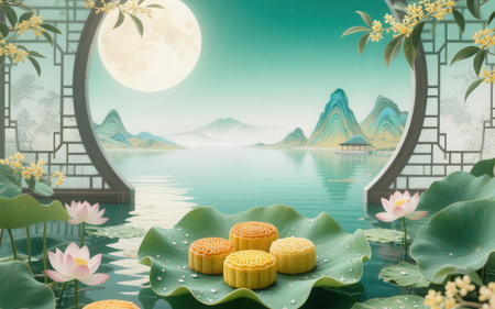 Mid-Autumn Festival moon cake and mooncake, 3d renderingの素材
