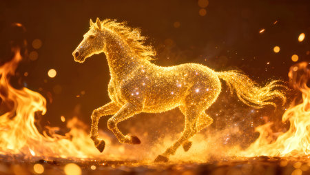 Horse running in the fire with sparkles on a black backgroundの素材