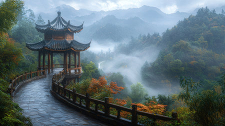 Pavilion in the mountains with fog in the morning, Chinaの素材