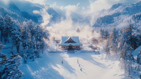 Fantastic winter landscape with snow covered house in the mountains.の素材