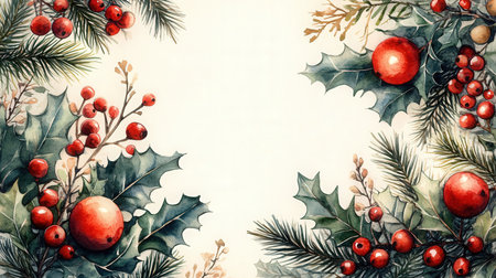 Christmas background with holly berries and fir branches. Watercolor illustration.の素材