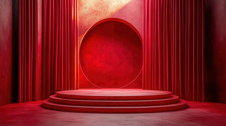 Round red podium with red curtains in the dark room. 3D renderingの素材