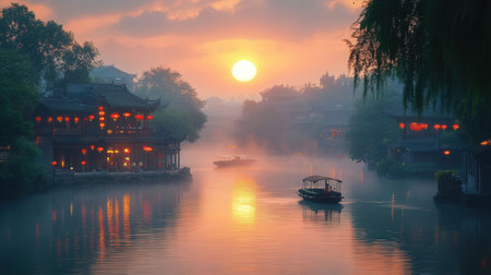 Hangzhou West Lake scenery at sunset, China's famous travel destinationの素材