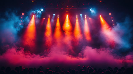 Stage lights and crowd of people at a music festival. Concert backgroundの素材
