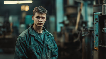 Portrait of a young man working in a factory. Industrial backgroundの素材